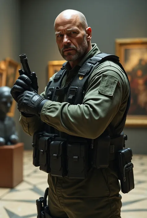 a soldier Bruce Willis in a museum with a gun in his hand, hyper - realistic  render, hyper realistic  simulation, ghost in the shell bullet, realistic 8k, hyperrealistic vfx simulation, highly detailed  scene, hyperrealistic render, nvidia raytracing demo...