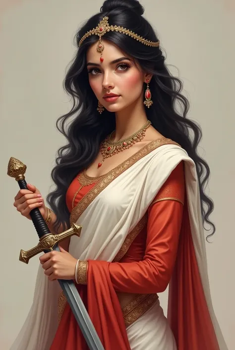 A beautiful young rajputi princess with beautiful face  wearing a white and red saari with open wavy hair a very small red bindi with a Tiara on her head taking her sord out 