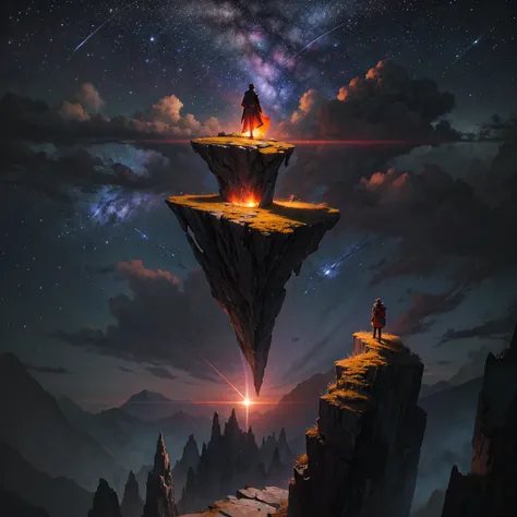 Traveler stands on the top of a vertical rocky cliff. Background is the sky is ablaze with vibrant colors, featuring glowing planets, stars, and nebulae. It’s as if we’re witnessing an otherworldly celestial event.