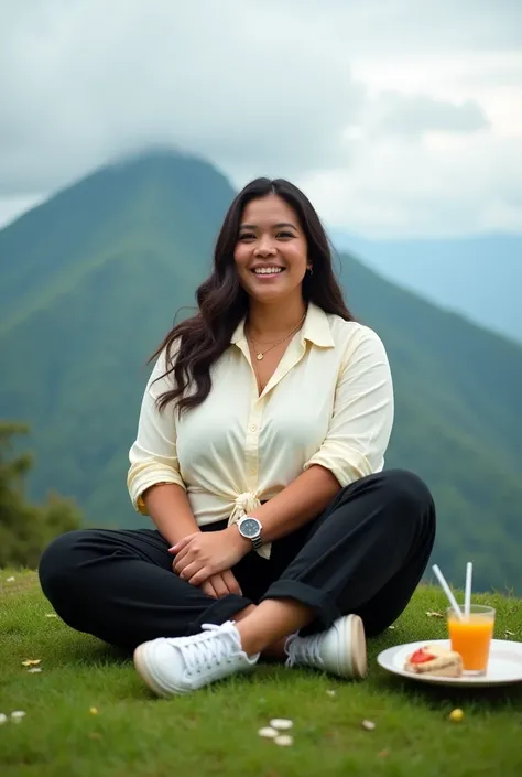 Amazing 8k portrait photo of a beautiful Indonesian woman with a smiling face showing her 100 kg fat body and creamy white trandy clothes, black baggy pants and white sneakers. The man sat cross-legged on the hill., smiling surrounded by lush green grass, ...