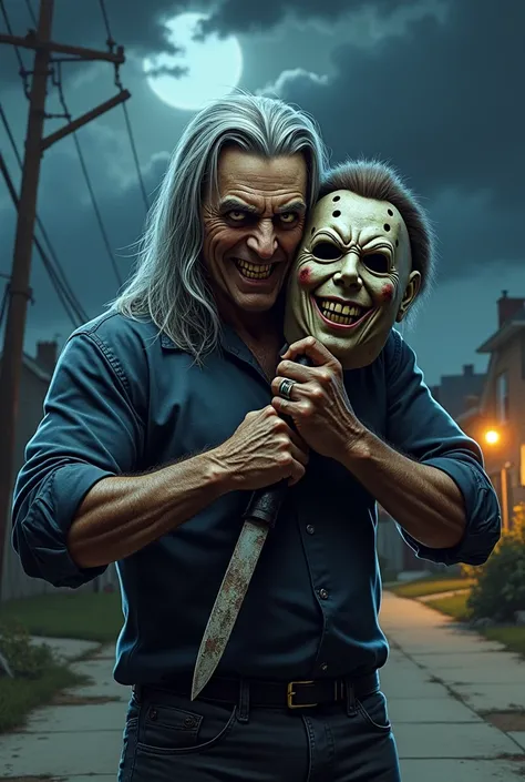 eddie, iconic mascot of the band iron maiden, menacing look, scary smile, long gray hair, holding a dirty machete and removing the old dirty Michael Myers Halloween mask from his face. Ao fundo, a neighborhood and a deserted street, at night, with thunder ...