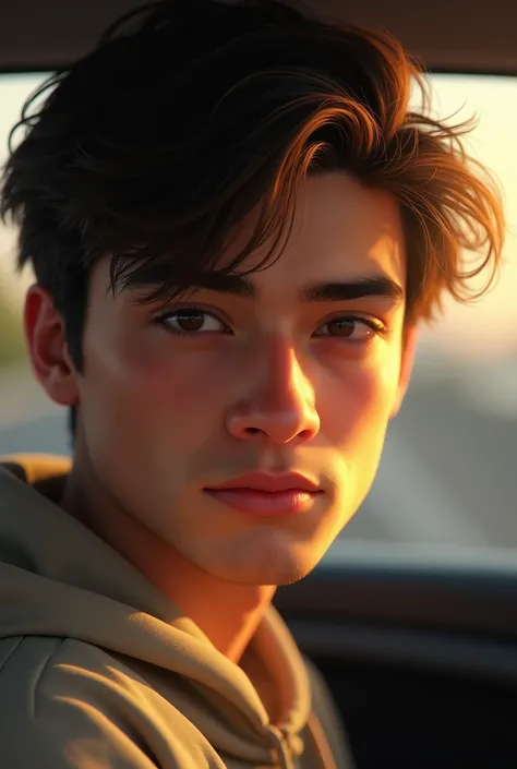 latin man, warm light, Small eyes, Short brown hair, background in a car, Oval face, age range 16-19 very natural white skin tone