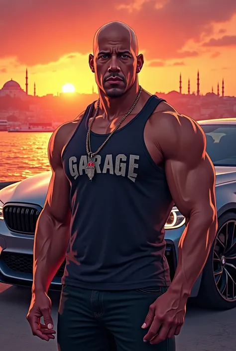 Vin diesel in front of a tuned bmw m5,in background istanbul sunset,on tank top angarage text,vin diesel exact same face,anime,manga