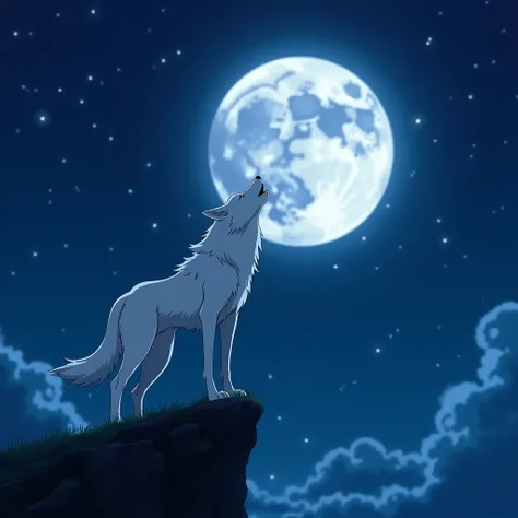 A white wolf on a cliff howling at the full moon on a starry night, anime screencap, art by Tite Kubo