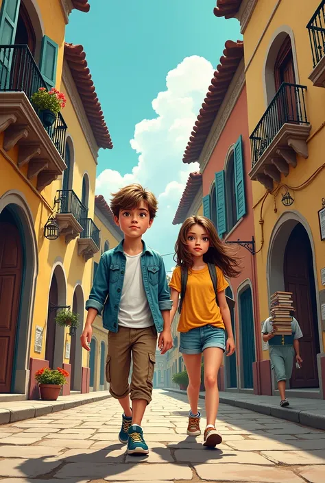 
A boy and a girl walk through the cobblestone streets of the Old Town. In the background you can see colonial buildings.  (comics style)