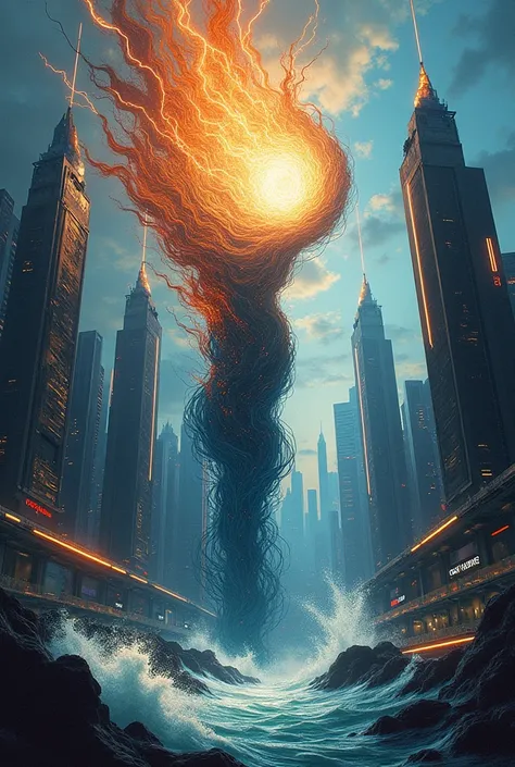 Abstract body in a city landscape, Realist paintings by Marc English , [:Anime Line Art:0.2], The theme is celestial bodies, mandalas, lightning, and the sea., epic splash art , Self-sastructing art, , Abstract