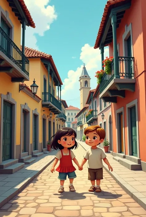 
A boy and a girl walk through the cobblestone streets of the Old Town. In the background you can see colonial buildings.  (comics style drawn)