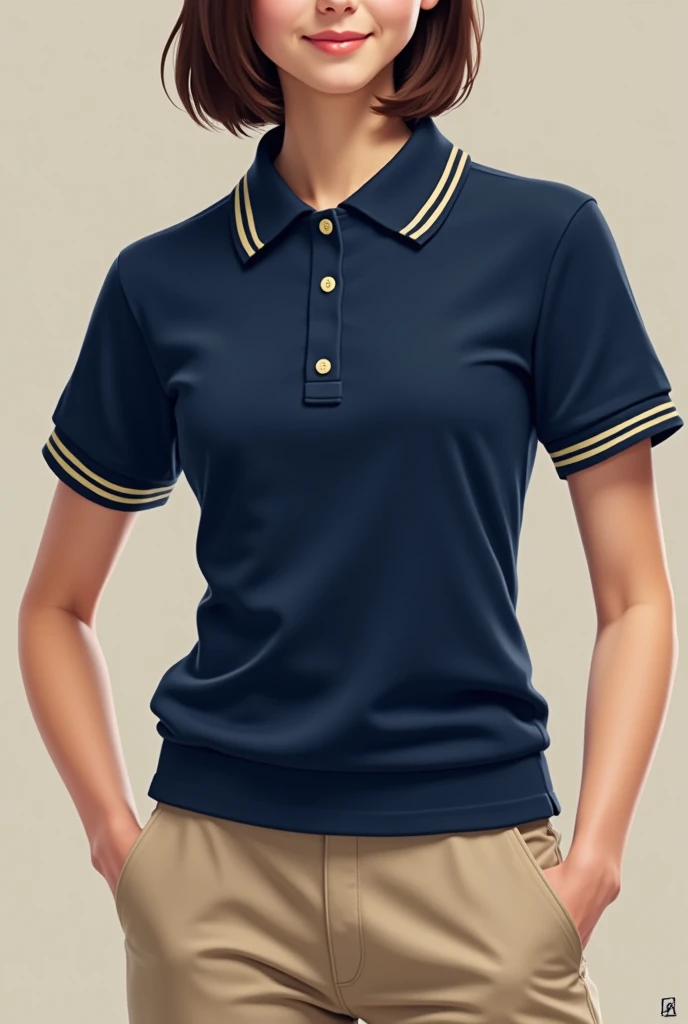 I need you to create a school uniform based on my instructions. Let&#39;s start with the shirt., It has to be a polo type, The color would be indigo, on the edges of the neck there would be a beige color, but on that same edge there will be two lines and t...