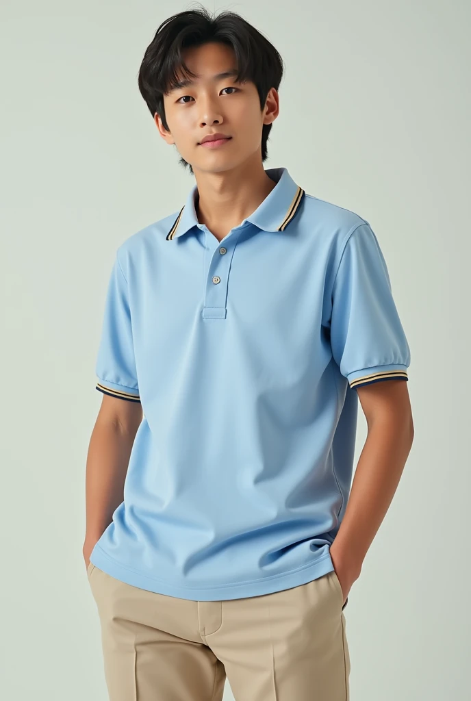 I need you to create a school uniform based on my instructions. Let&#39;s start with the shirt., It has to be a polo type, The color would be a light indigo on the edges of the neck there would be a beige color but on that same edge there will be two lines...