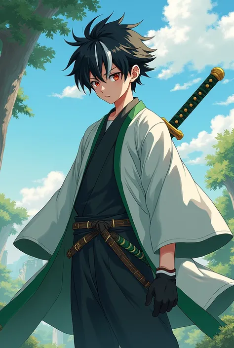 a tall anime style character, a black hair with white, physical build slightly above average, with a white haori with green details on top, red eyes and has to wear gloves and carry a sword MAN SWORD ALL GREEN INTROVERT BLACK AND WHITE HAIR UPWARDS WHO HAS...