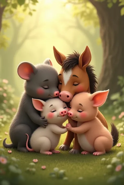 Picture of a baby mouse, a baby female mole, a baby male horse and a baby pig all hugging each other
