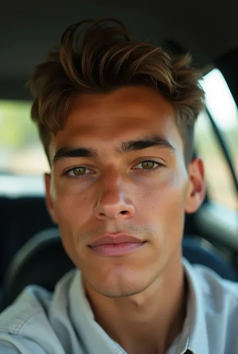 latin man, warm light, Small eyes, short light colored hair, background in a car, Oval face, age range 16-19 very natural white skin tone, very big nose