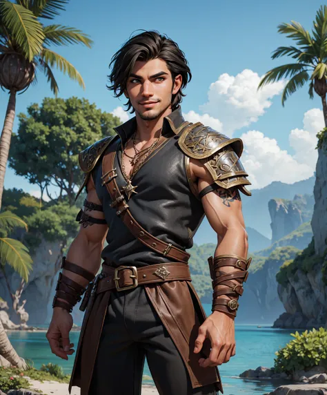 (((Dressed in medieval fantasy attire.))) (((Handsome and young.)))  (((Tropical fantasy attire near an island.)))  (((Handsome male adventurer features.))) (((Chest tattoos.))) (((Dressed in medieval fantasy attire.)))  (((Ideal male physique.)))  Tattoos...