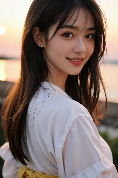 ((Highest quality)), ((masterpiece)), (detailed), One girl, bangs、Long Hair、evening、Sunset、Soft Light、Backlight、smile、kimono