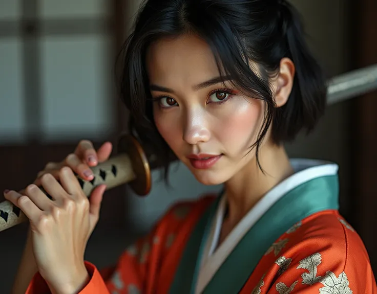 1girl, solo, japanese clothes, short hair, weapon, sword, brown eyes, looking at viewer, kimono, brown hair, lips, hand on hip, sheath, smile, katana, black hair, upper body, closed mouth, sheathed, hand up  a close up of a woman in a kimono holding a swor...