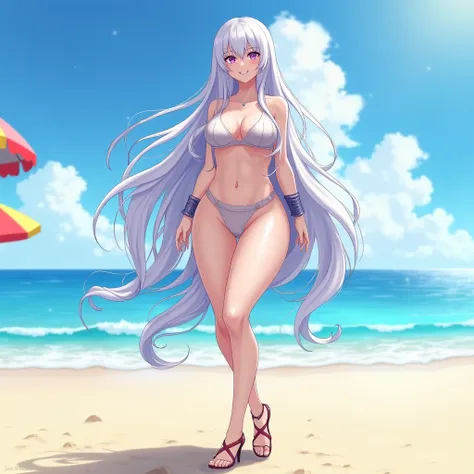 1 Anime Female，adult，Glamorous figure，Silver Hair，High heel sandals，Daytime beach，Beach parasol，Standing，High resolution，whole body，smile, Very long hair, Cowboy Shot, Purple eyes,
