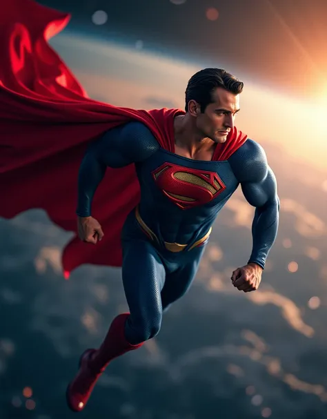 SUPERMAN (DC COMICS), FLYING THOUGH OUTSPACE, MUSCULAR MALE BODY, TRADITIONAL BLUE COSTUME, LONG RED CAPE, SIDE BODY VIEW, FULL BODY PERSPECTIVE, BLACK INFINITY OUTSPACE BACKGROUND, SUN, PLANETS, RSRTH FROM OUTSPACE, SUNLIGHTS, HIGH QUALITY IMAGE, MASTERPI...