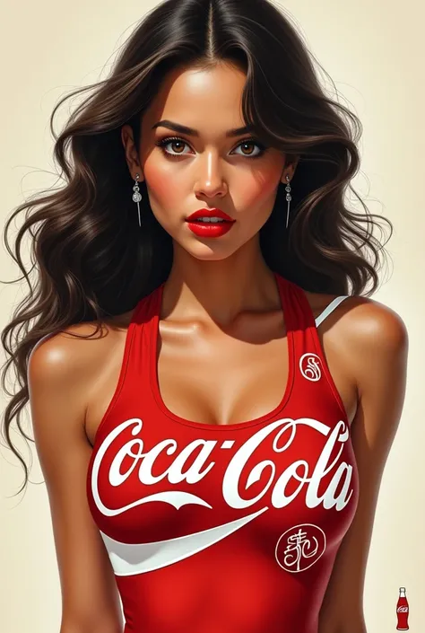 Generate and draw an image of Coca Cola (Girl) where all the traits of Coca Cola were shown in real life as a person,Make this image look like it was drawn by a human 