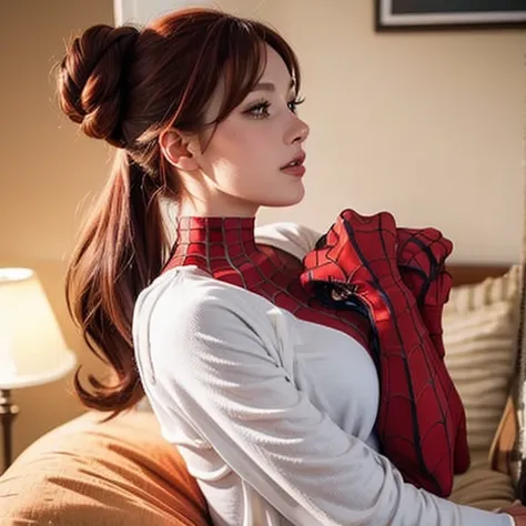 mary jane, thick sexy body, hair in bun, dressed in spider woman costume,