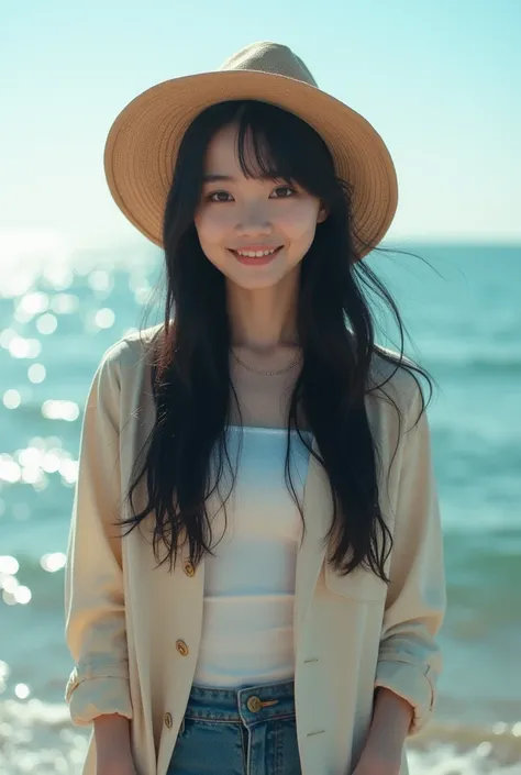 Cute Japanese Idol、I don&#39;t look like a Korean、There is no Korean feature、photograph、Casual clothing、Cinematic Light、Film Camera、Double、Big eyes、Long Black Hair、High image quality、Ocean、hat、Less glossy、smile