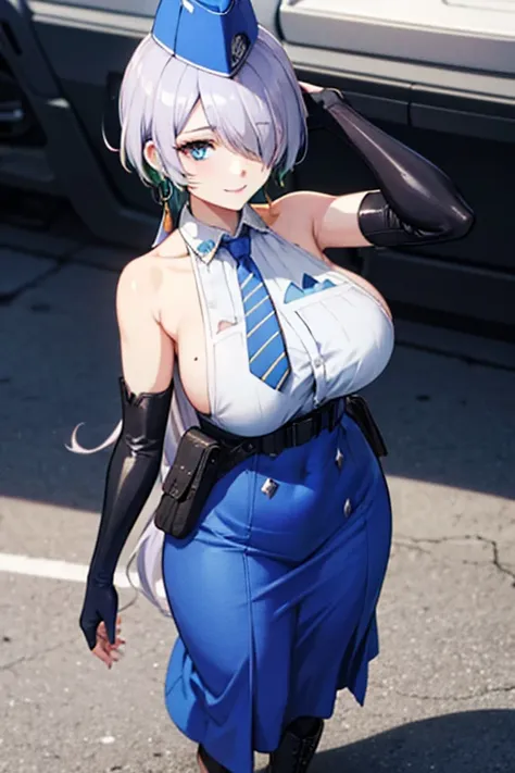 nikkebrid, large breasts, smile, low ponytail, hair over one eye, earrings , garrison cap, sleeveless shirt, long skirt, blue necktie, belt pouch, elbow gloves, boots, standing 