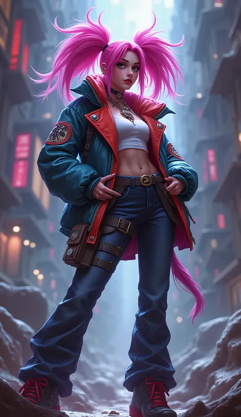 [Jinx League of legends], Jinx haha, work of art, (best qualityer: 1.2), (high resolution), (superior quality), (8k, 4K, intricate), (fully body), short pink