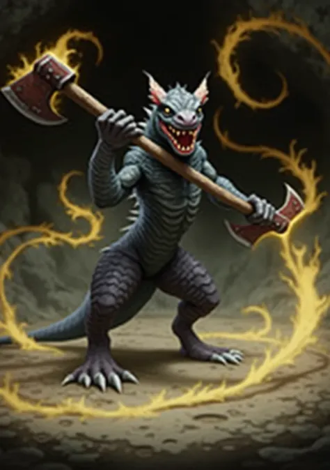 A lizard with axes in its mouth in a fighting stance, surrounded by a dark aura in what appears to be a cave