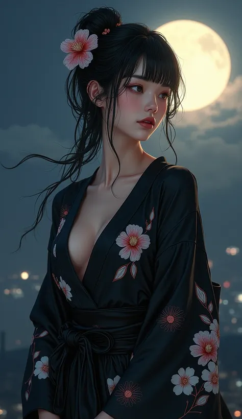 Japan Night、full moon、Big Moon、kimono、黒色花柄のkimono、silk、A diligent smile、From the waist up、Beautiful smile、Ample breasts、Overflowing Chest、Busty、My nipples are erect、V-line chest、Realistic、Full Body、Deep neckline、V-neck、G Cup、Eros、Makes the subtle texture o...