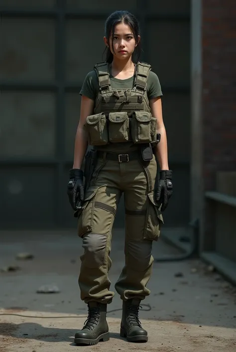 A girl in a commando outfit stands facing left. 