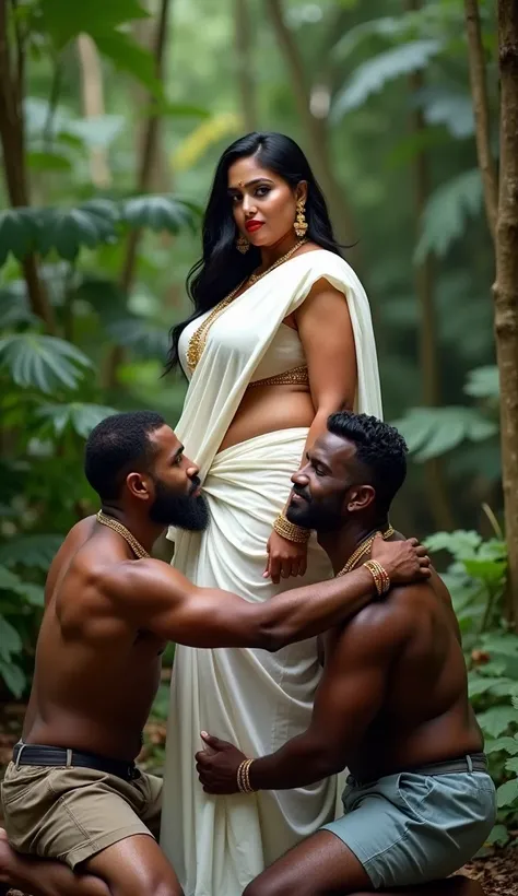 I am 40 year old plus size tall and big giant indian wife, wearing only shining transparent white silk sari, sitting in amazon forest, white skin tone, beautiful face, red lips, clean skin, celebrity face, thick leggs, round ass, huge breast,all indian orn...