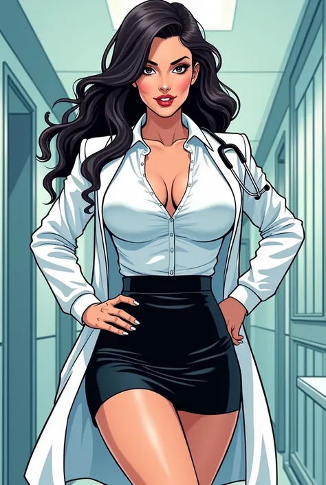 Sexy doctor Wearing a white lab coat a white button down shirt with a short black skirt long hair and big breasts comic strip
