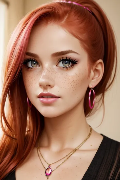 1 girl, realistic eyes, perfect face, freckles,blush, red hair, long ponytail, goddess, sexy, charming, seductive, erotic, makeup, mascara, pink eye shadow, pink lipstick, hoop earrings, necklace