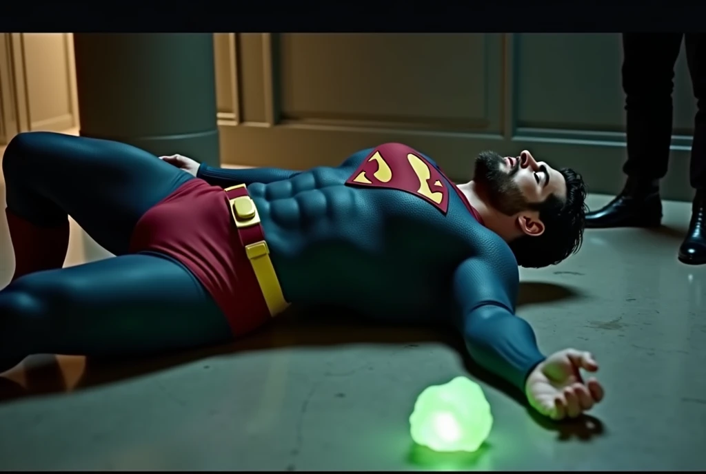 Muscular Henry Cavill with a beard and short, dark hair, dressed in a Superman suit., red belt and red boots, lies on the floor almost unconscious, expression of pain, with eyes closed, On the floor next to Superman there is a bright green crystal. A man i...