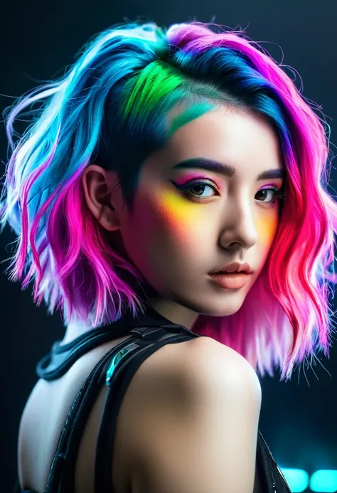 Girl with colourful gradient hair, cyberpunk