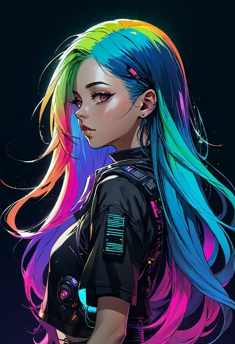 Girl with colourful gradient long hair, cyberpunk, upper body