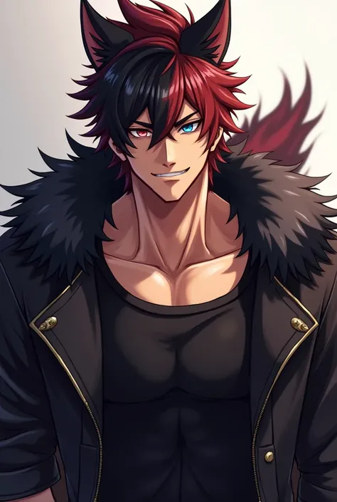 (masterpiece), best quality, black hair, red hair, wolf ears, wolf tail, fur trim jacket, black jacket, blue eyes, red eyes, 1boy, muscular male, tanned skin, heterochromia, smirk, medium hair, black shirt, muscular male, smirking