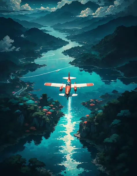 aerial view, water air plane, passing above a lake, crystal clear turquo6water, leaving water trail, corals visible, amazing scenery, lofi, cloudy bluish dark sky, vibrant tones, no one, moody weather, like a movie scene, ghibli style, cinematic tones, sce...