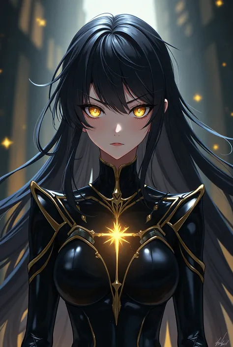 hairs: Long and black with golden and silver highlights.
eyeballs: eyeballs heterocromáticos, a golden one, the other silver, with star-shaped pupils.
tenue: A black armor with gold and silver details, that emits an aura of power and mystery.
Male anime st...