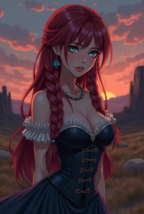 1girl, Solo, Long Hair, Breasts, Blue eyes, Very Long Hair, Red Hair, Braid, Bangs, Ribbon, Large breasts, Earrings, Blush, Makeup, Sad, Guilt, Hair Ribbon, Bead Necklace, yugioh, yugioh style, yugioh 5ds, dark clothes, western style clothes, corset, corse...