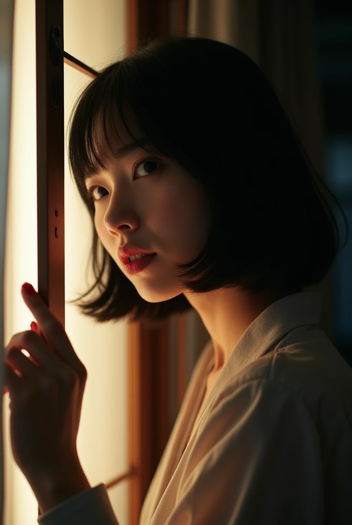 A Japanese woman secretly opens the door a little to peek inside, Soft Portrait Shot 8k, 8k Sensual Lighting, anime. Soft lighting, Cinematic Shot AR 9:16 -n 6 -g, Lofi portrait by the window, Soft lighting 8k, Leica 8K A24 stills from film, cinematic Soft...