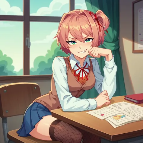 Sayori from doki doki literature club, Knitted stockings, skirt, sitting on a table, smirk, Hourglass Figure, cartoon screencap 2d, 