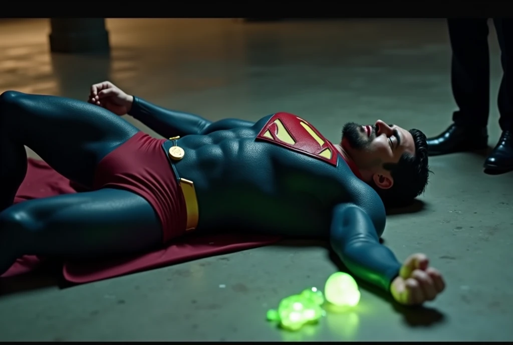 Henry Cavill attractive, muscular, with short beard and short dark hair, Dressed in a torn Superman suit, red belt and red boots, The suit has bright green crystals nailed in it, lies on the floor almost unconscious, expression of pain, with eyes closed, O...