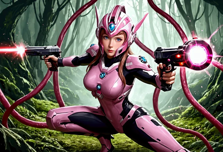 cute Yuna (age 25, sci fi action adventure suit, sexy, lase pistol, domed helmet), she is in an action pose shooting her laser pistol at a tentacle beast, her color coordinated mecha is nearby, alien world