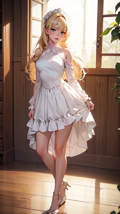 1girl, solo, elegant hair (full body: 1.1), (side at the viewer: 1.1), filmg , sweet_lolita, Best quality, masterpiece, blond hair, blue eyes, Exquisite mouth,Very detailed face, blush, Shiny wet skin, Pink lips, Delicate lips, one piece race queen cosplay...