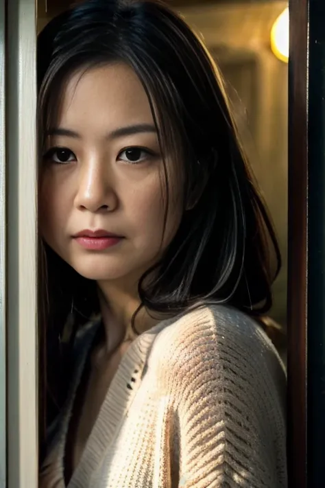 There is a woman looking out the door., 実写Movie stills, Close-up portrait movie still, Movie stills, Movie stills, japanese horror movie footage, Leica 8K A24 stills from film, Lofi portrait by the window, Japanese live-action films, A scene from a live-ac...