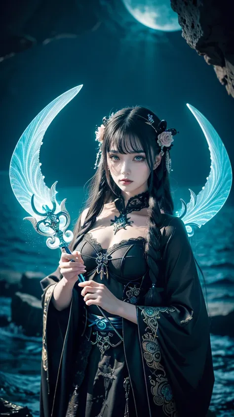 （芸）  
Create an ultra-realistic 8K resolution image of a character based on "Poseidon", retaining key features such as the trident, oceanic power, and majestic presence, while transforming him into the ultimate gothic lolita (goth-loli) character. She appe...