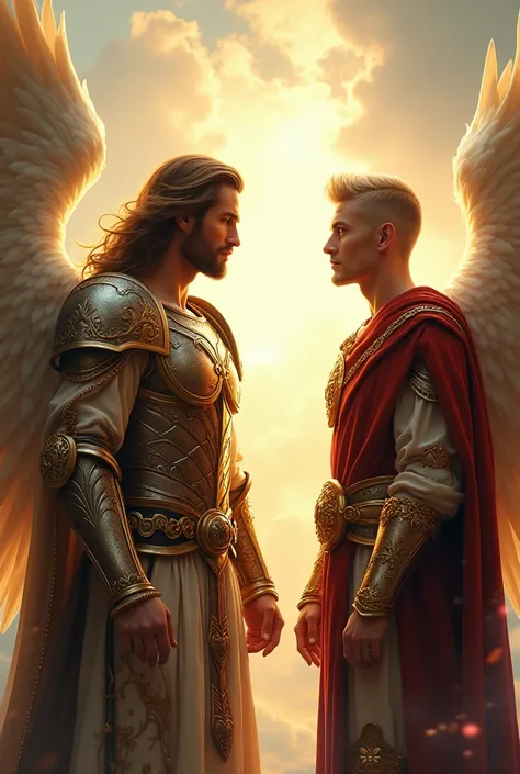 A handsome man with beautiful brown hair dressed as a soldier of heaven San Minguel with a sword and a handsome blond man dressed as a warrior chatting together 