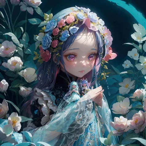 There is a doll standing among the flowers, closeup fantasy with water magic, Dreamy and detailed, Complicated, WLOP Loish and Clamp style, Lovely and detailed digital art, WLOPs style, Beautiful and detailed fantasy, Beeple 和 Jeremiah Ketner, Ethereal Bea...