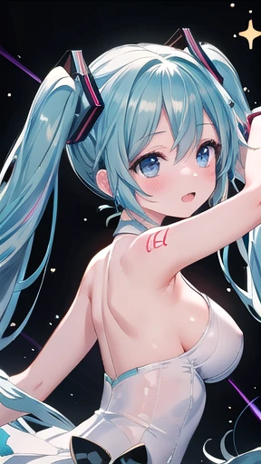 (masterpiece, Highest quality, High resolution:1.2), (Complex and beautiful:1.2), (Detailed light:1.2), (colorful, Dynamic angles), Upper Body Shot, Cute Fashion Photography, Intense long hair, (Hatsune Miku), Dancing Pose, Flirting in POV, [Dynamic pose, ...