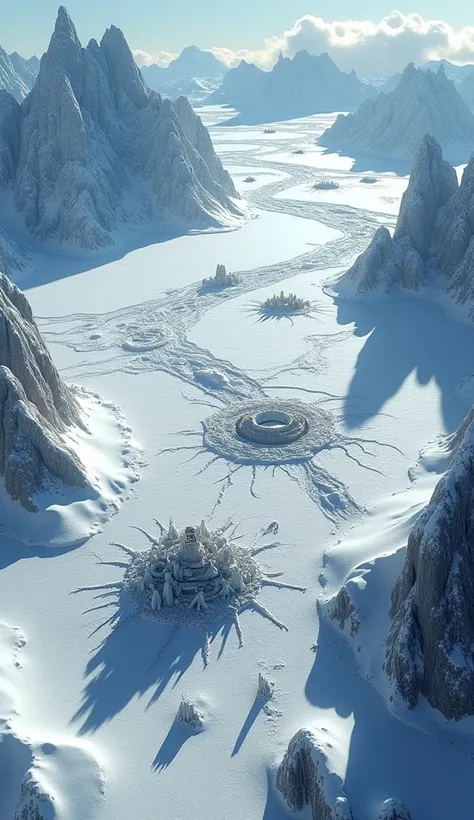 Satellite view of Antarctica with strange formations and ruins